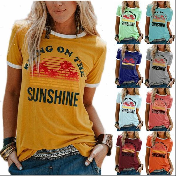 womens t shirts shirt bring on the sunshine letter print tees o neck short sleeve casual, White